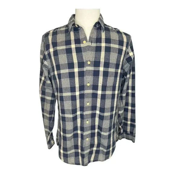 J. Crew Men's Medium Navy Blue & Beige Plaid Long Sleeve Button-Up Shirt EUC - Picture 1 of 7